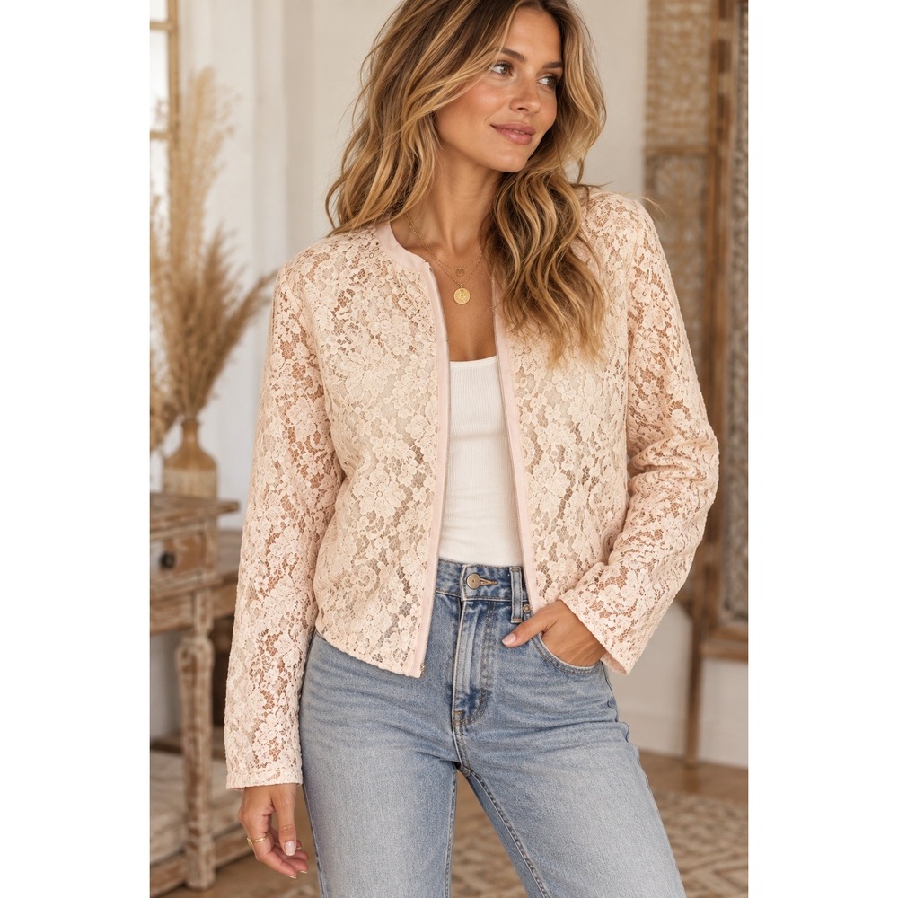Michael Stars Floral Lace Full Zip Bomber Jacket Blush Pink Medium